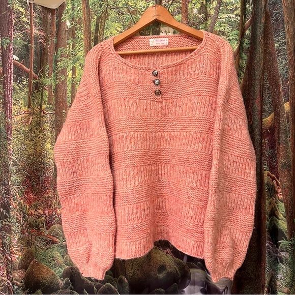 Chunky Vintage Knit Handmade Wool Sweater Pink Size XL pink cozy  winter buttons - Picture 1 of 13